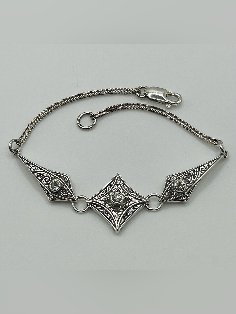 Anatoli Sterling Silver Bracelet with Clear Crystal, Ornate Scroll & Line Detail